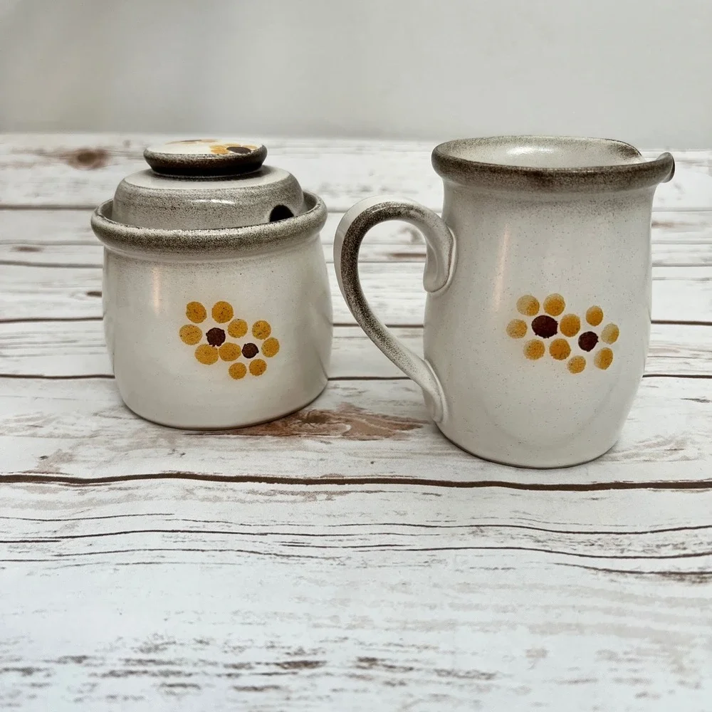 Vintage Creamer and Sugar Bowl Set Yellow Floral Stoneware Retro Farmhouse OS